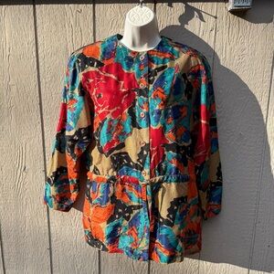 Vintage Rafaella Women’s 100% Silk Abstract Colorful Button-Up Blouse Pockets S